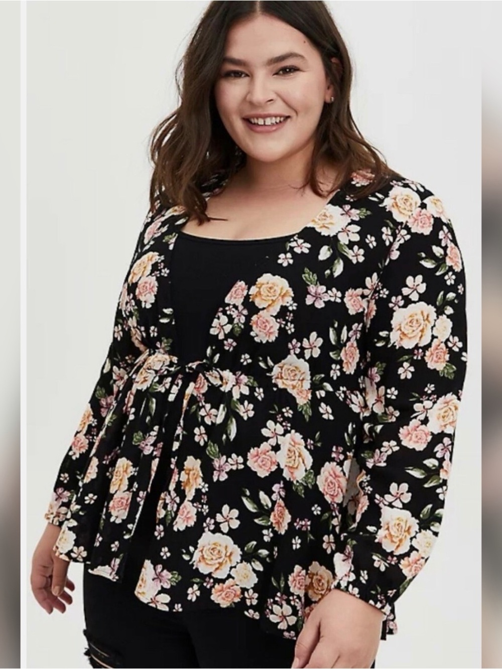 Torrid BLACK FLORAL CREPE TIE-FRONT KIMONO